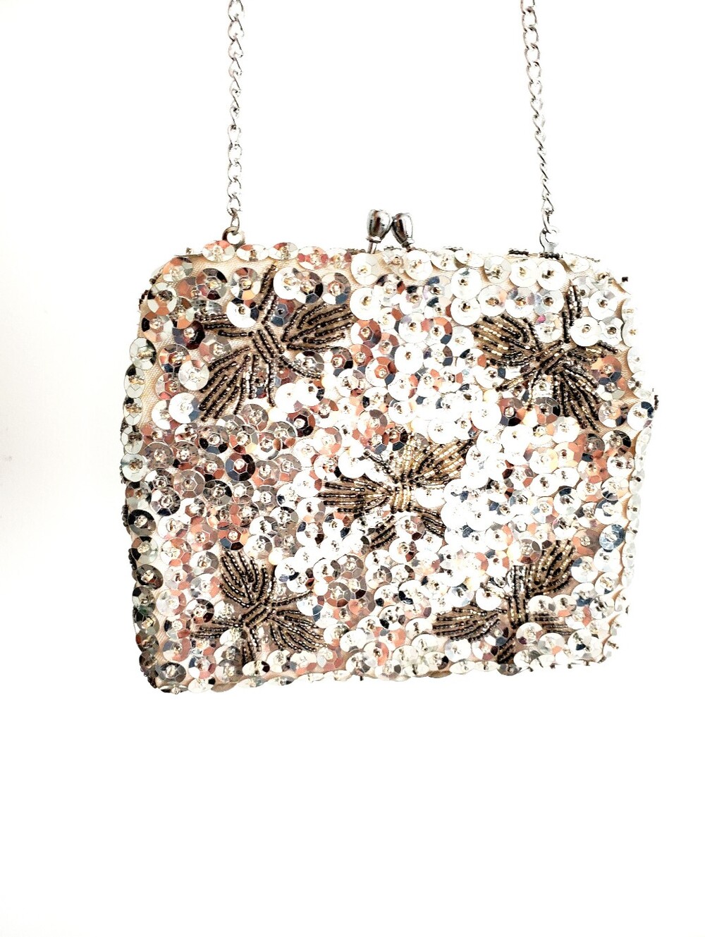 Silver Sequin Floral Accent Evening Clutch- Vintage